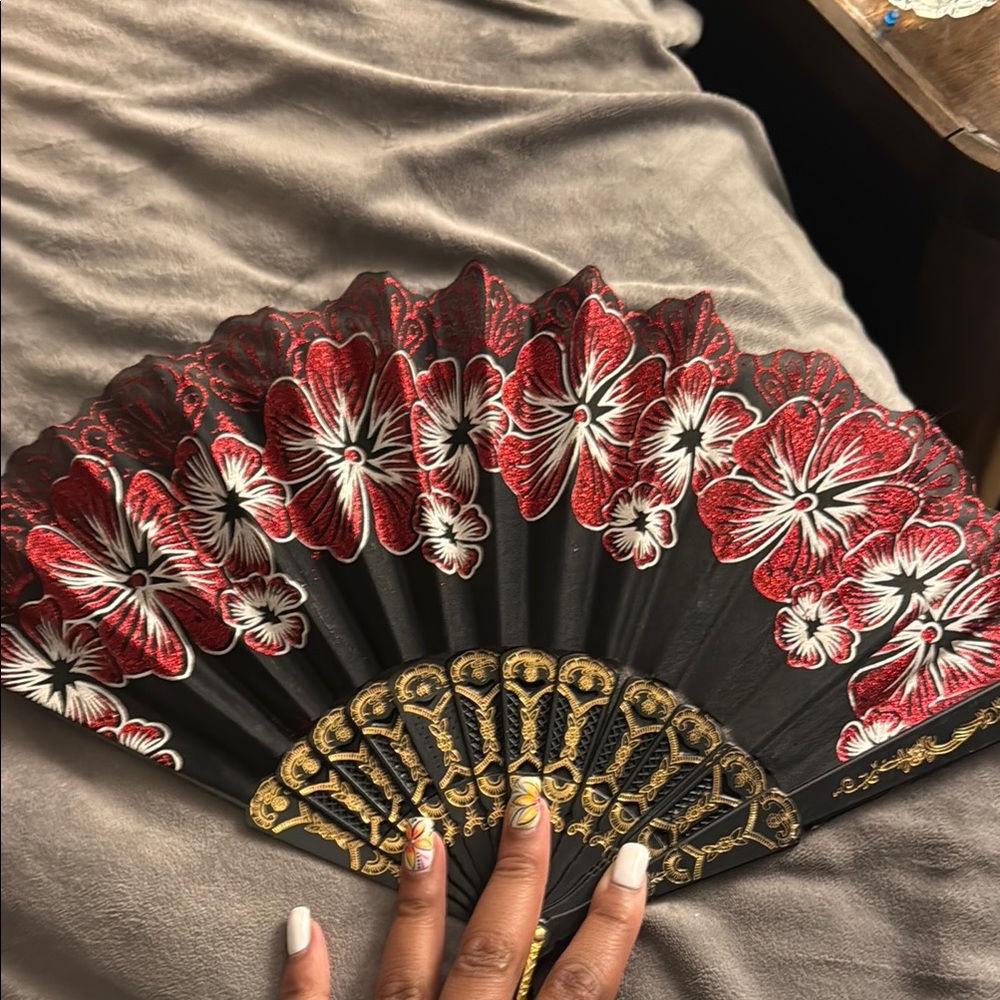 Elegant Black and Red Floral Hand Fan